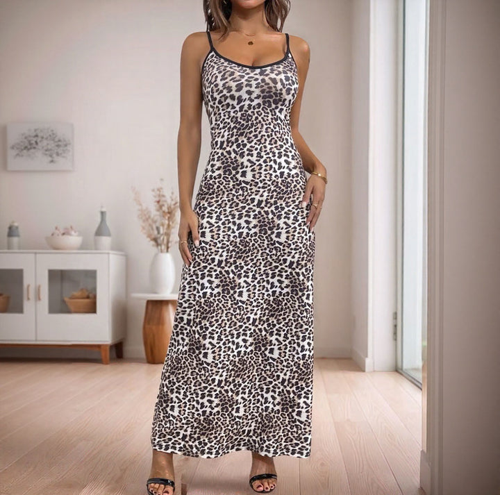 Dame Leopardprint Maxi Kjole med justerbare stropper Stilla