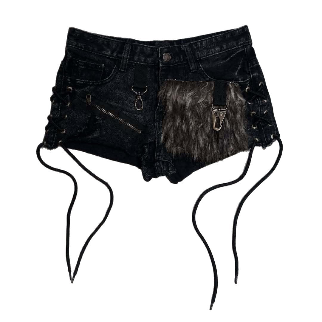 Damer Mode Denim-shorts med unikke snøredetaljer og kunstpelsapplikation Skovae