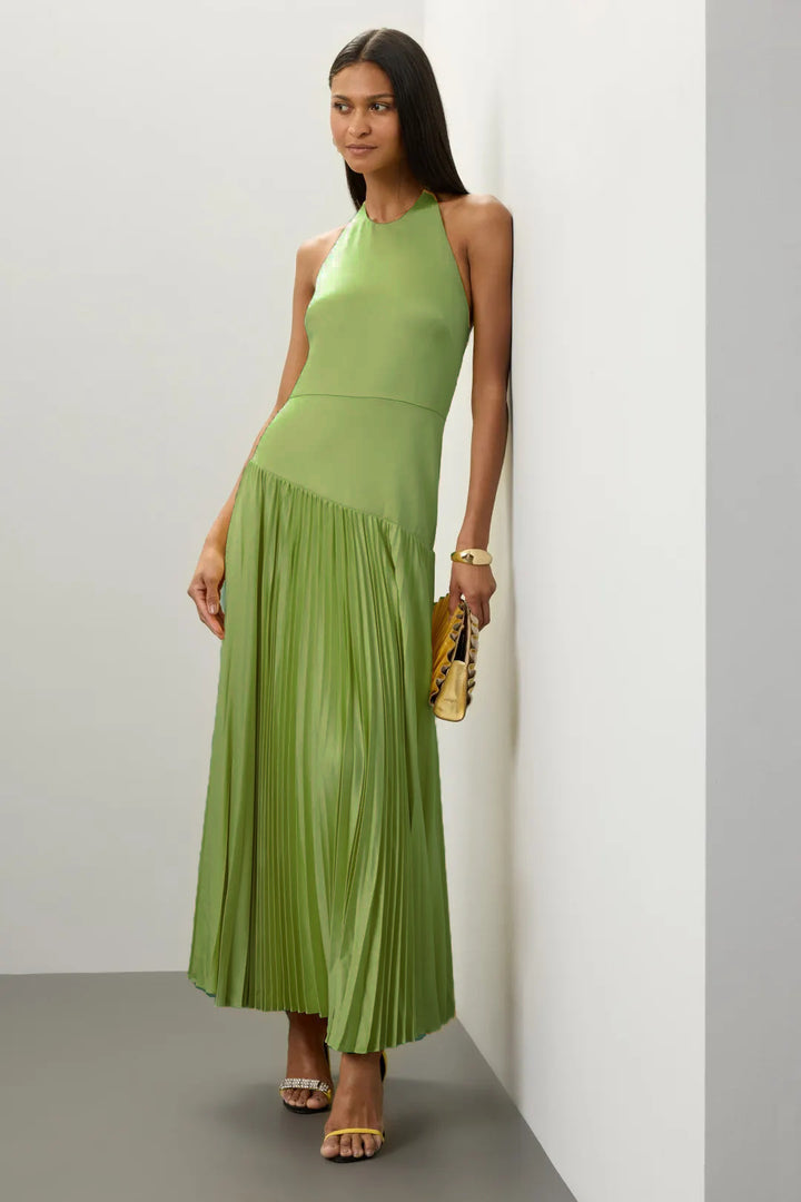 Dame Elegant Maxi Kjole med Flydende Plisseret Nederdel og Halterneck Design