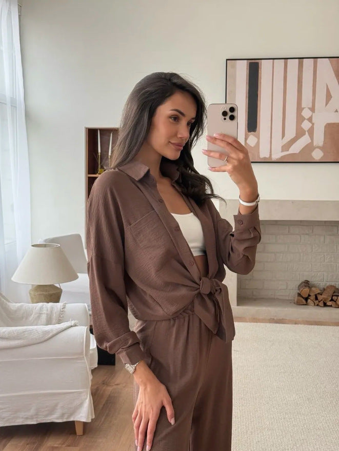 Dame komfortabel Loungewear-sæt med langærmet bluse og brede bukser Stilla