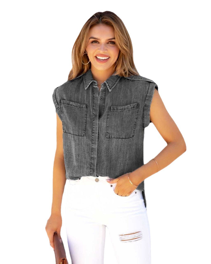 Kvinders kortærmede skjorte bluse i denim-look med brystlommer Stilla