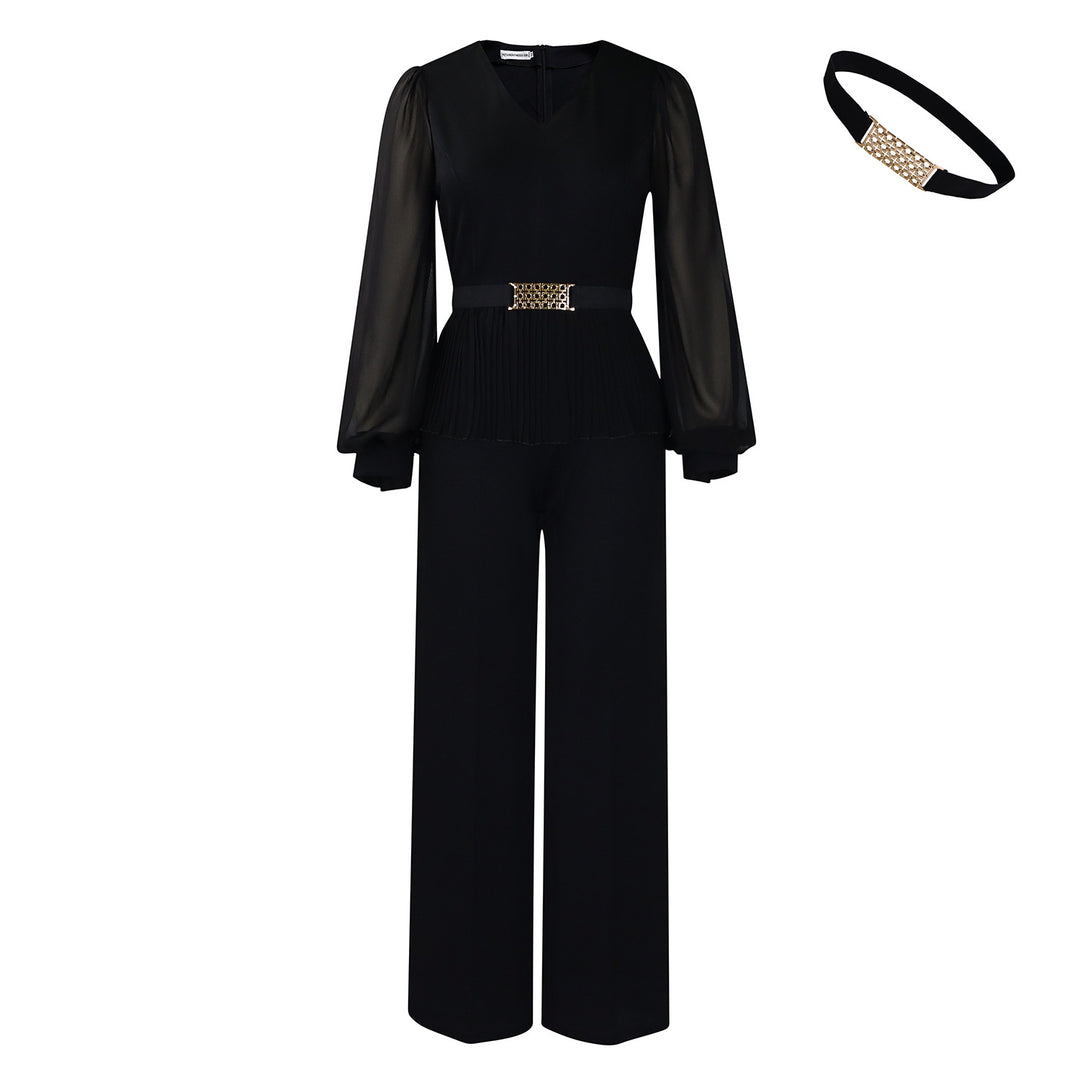 Dame elegant Plissé-jumpsuit med voluminøse ærmer og taljebælte Stilla