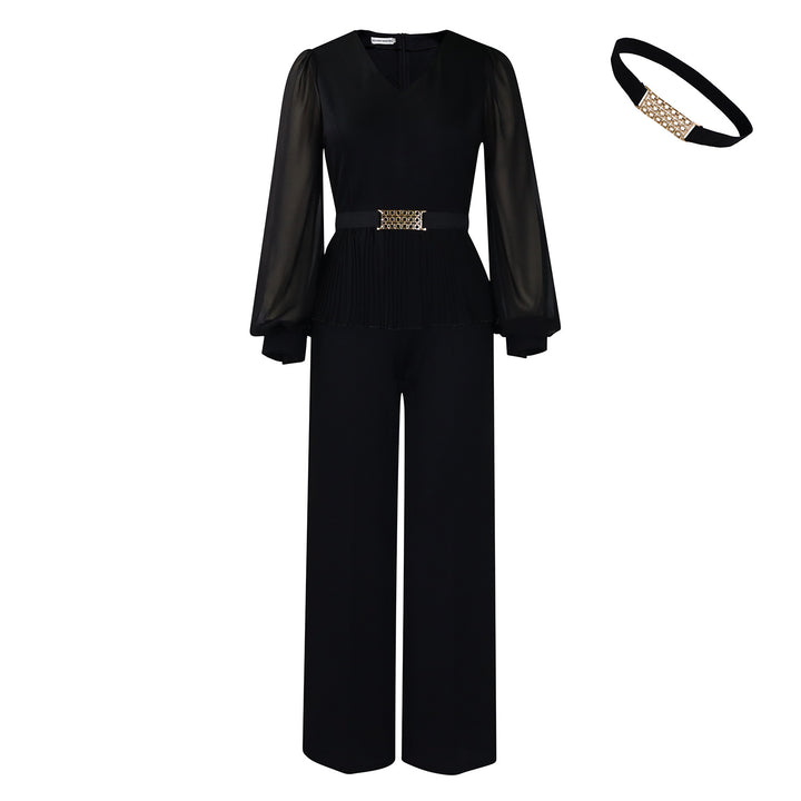 Dame elegant Plissé-jumpsuit med voluminøse ærmer og taljebælte Stilla