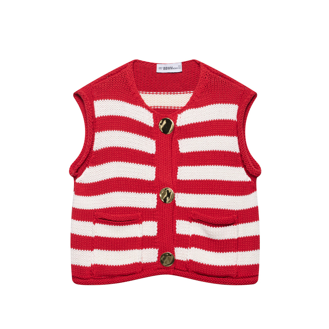 Femme Strikstribet Vest med Dekorative Knapper Stilla