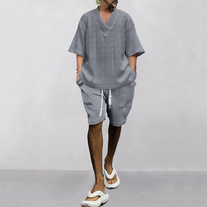 Herre afslappet V-hals T-shirt og korte fritidsbukser med elastisk talje Stilla