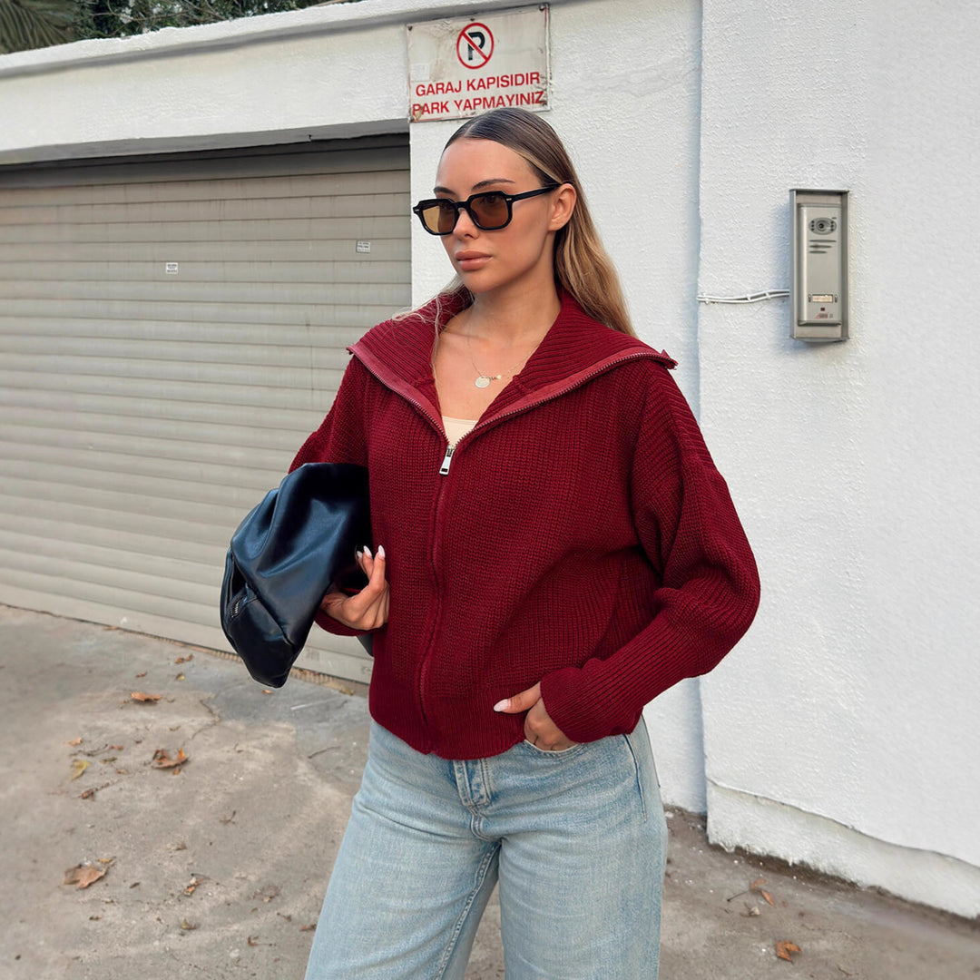 Dame Oversized Strik Cardigan med Høj Krave og Lynlås Skovae