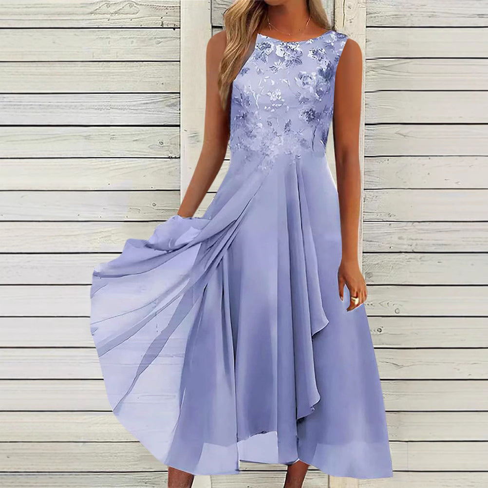 Dame uden ærmer chiffon midi kjole med broderet brystparti og asymmetrisk lag nederdel Skovae