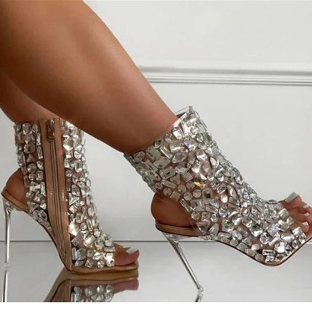 Femme Open-Toe Krystal-dekorerede Ank støvler Stilla