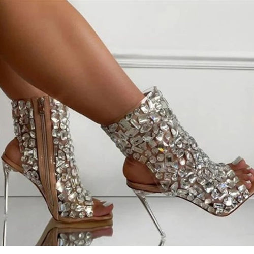 Femme Open-Toe Krystal-dekorerede Ank støvler Stilla