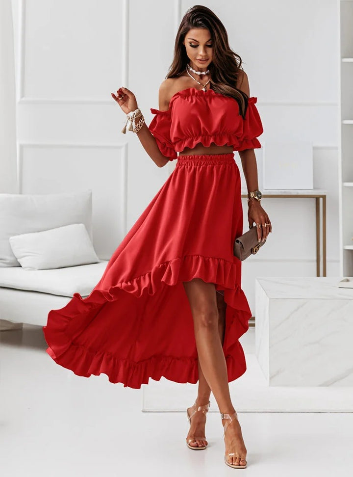 Dame off-shoulder to-delt sæt med voluminøse ærmer og svajende nederdel Stilla