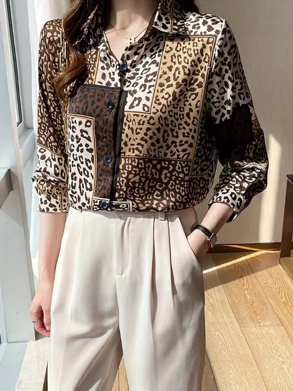 Dame skjorte med moderne leopardmønster og lange ærmer Stilla