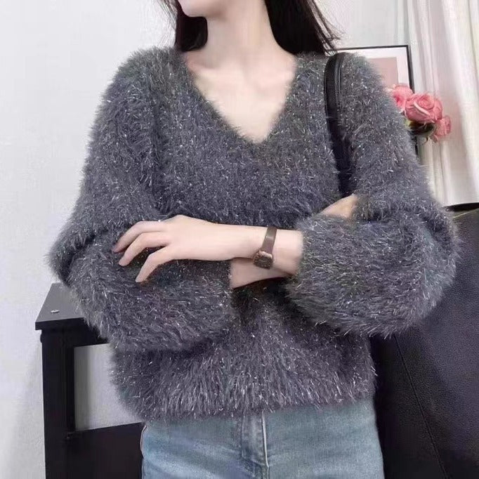 Dame hyggelig V-hals sweater med glitrende tråd Stilla