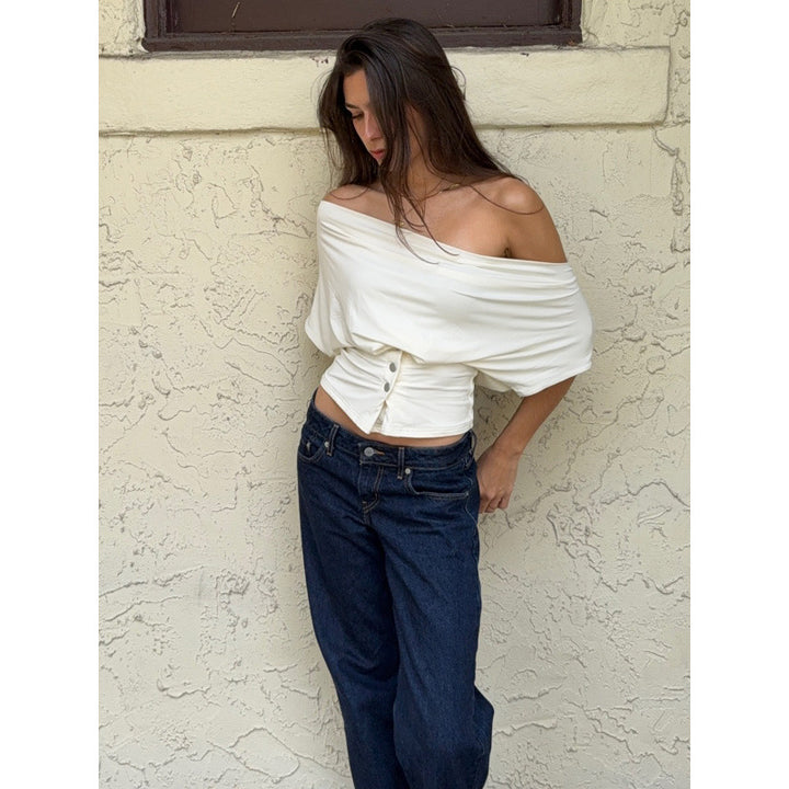 Damen Off-Shoulder Oberteil mit Knopfdetails Skovae