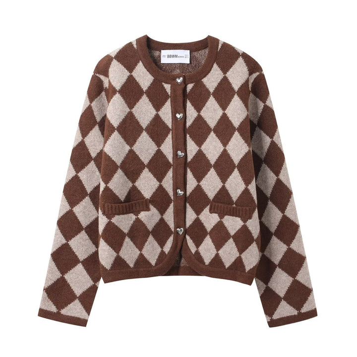 Kvinders cardigan med elegant diamantmønster og hjerteknapper Stilla