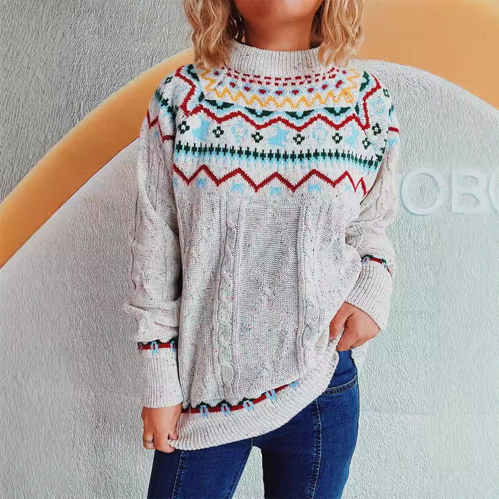 Kvinders strikkede sweater med højhals krave og grafisk design Stilla