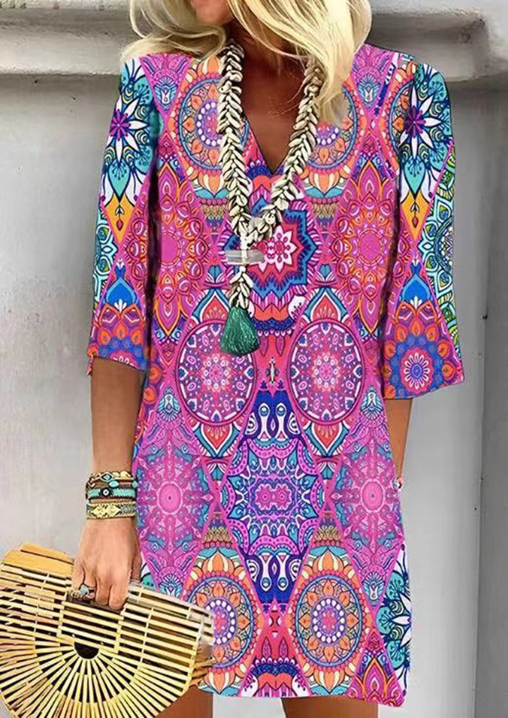 Dame nan kort Boho Strandkjole i Mandala-print med V-udskæring, trekvartærmer og afslappet A-linje Skovae