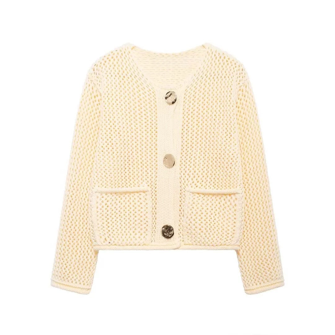 Dame mesh strik cardigan med praktiske lommer og dekorative knapper Stilla