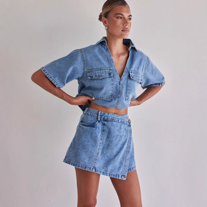 Dame Denim-kortjakke med matchende nederdel i afslappet stil Skovae