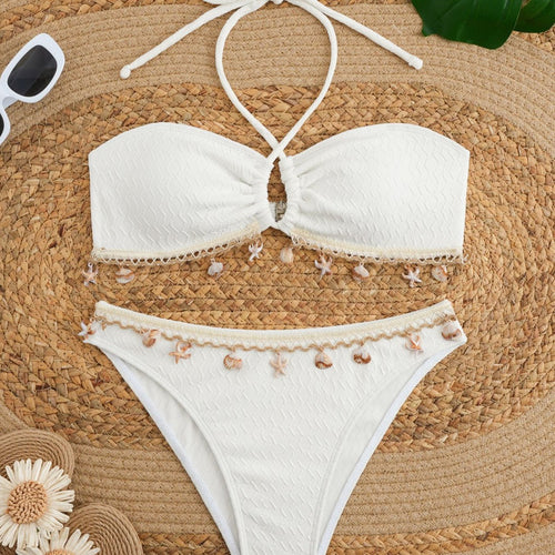 Dame Bikini-sæt med elegant bånd og detaljerede muslingedekorationer Skovae