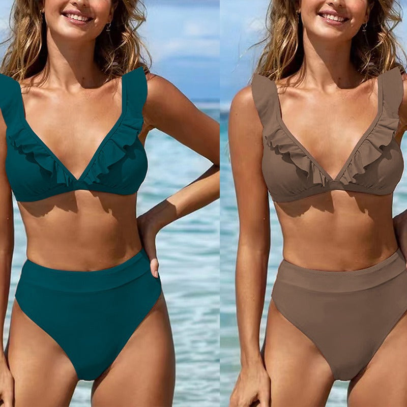 Dame Raffineret Triangel-Bikini-Sæt med Flæsedetaljer Skovae