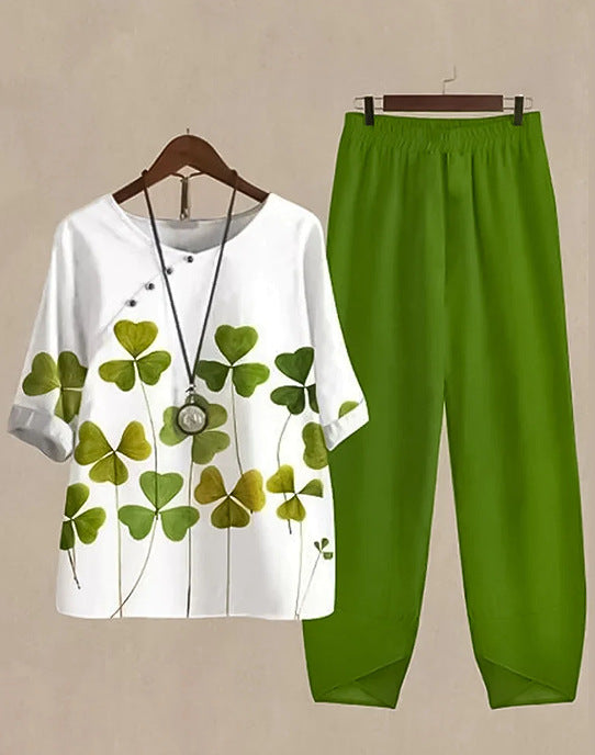 Dame nan to-delt casual ensemble med kløveprint-tunika og elastisk komfortbånd-buks Skovae