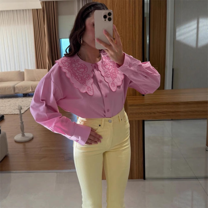 Dame Elegant Bluse med blomsterkrave Stilla