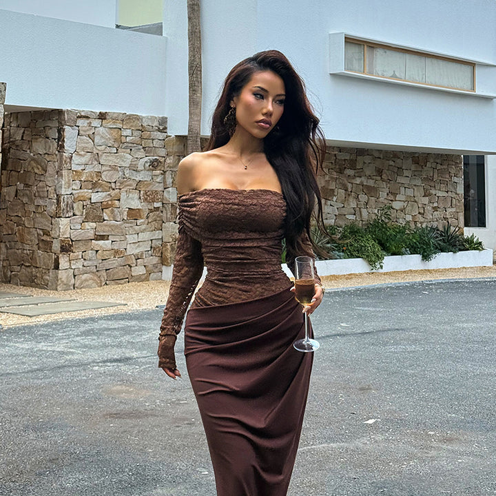 Dame elegant aften kjole med off-shoulder design og blonde ærmer Skovae