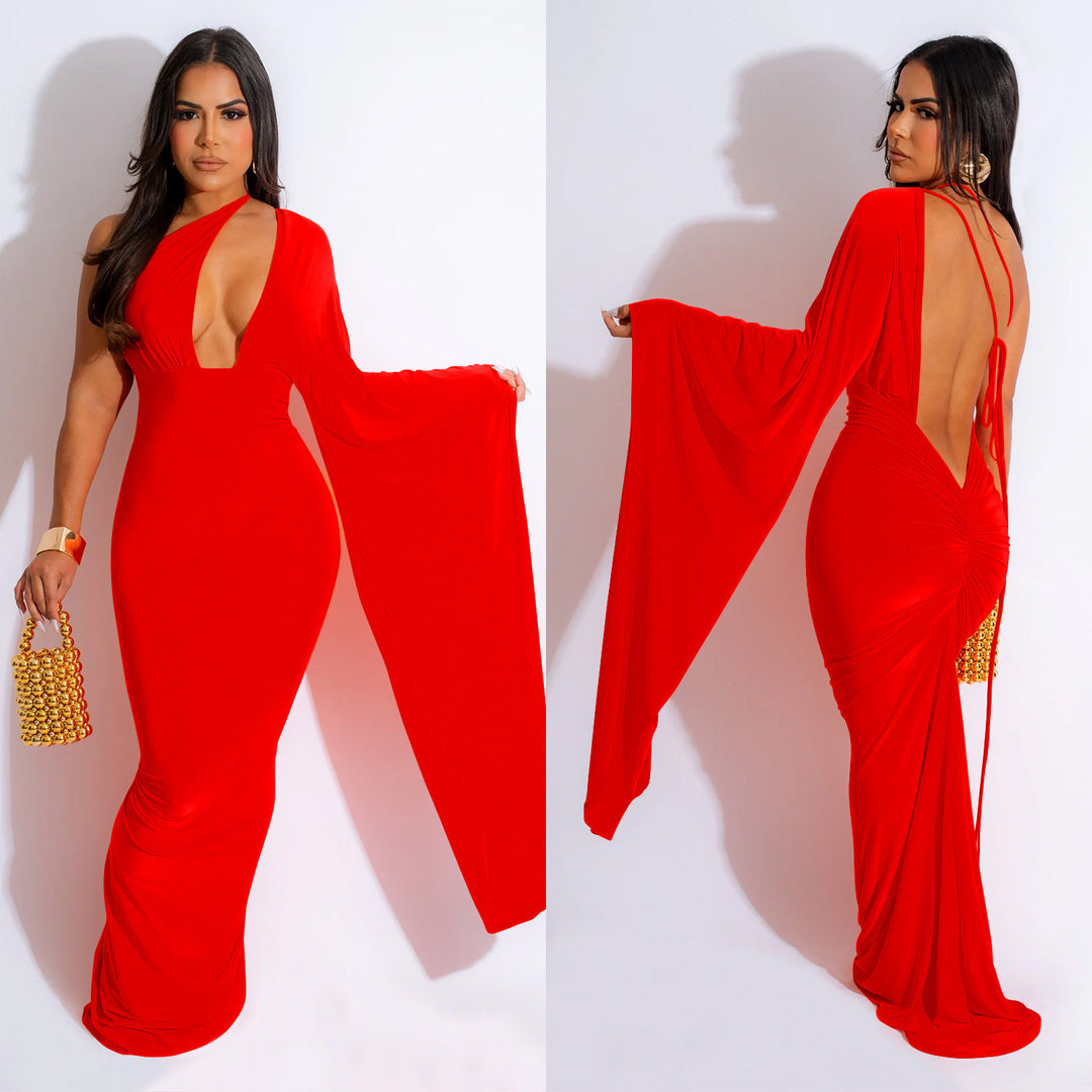 Dame Elegant Maxi-Kjole med asymmetrisk Cut-Out og langærmet Stilla