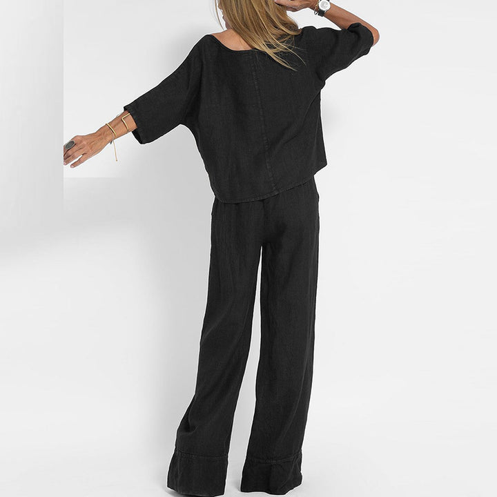 Dame let linned sæt med løstsiddende bukser og cropped top Stilla