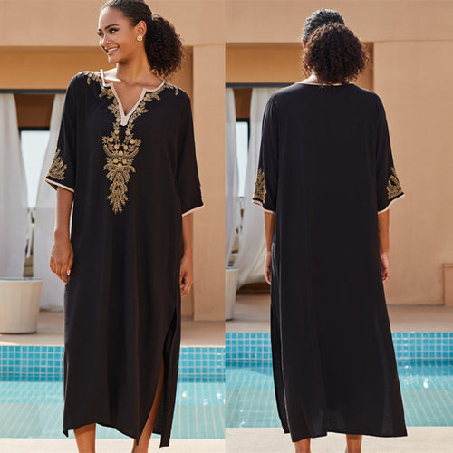 Dame Maxi-Kaftan med elegant guldbroderi Stilla