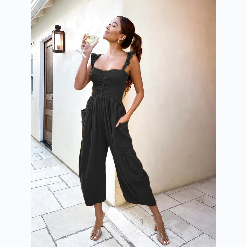 Dame Casual Jumpsuit med Flæse Stropper og Praktiske Lommer