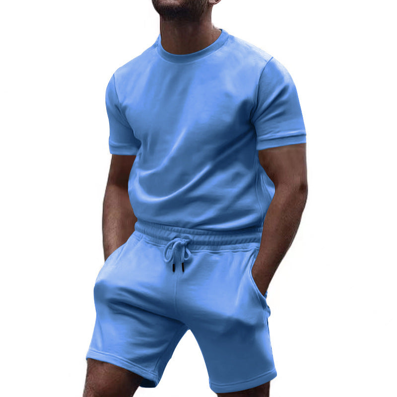 Herren nan minimalistisk jersey-sæt med komfortabel rundhalset skjorte og elastisk tunneltræk-kortbuks Skovae