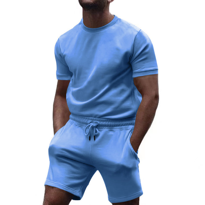 Herren nan minimalistisk jersey-sæt med komfortabel rundhalset skjorte og elastisk tunneltræk-kortbuks Skovae