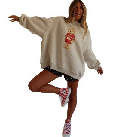 Dame let løst skåret sweatshirt med teddy-bjørn print og høj krave Skovae