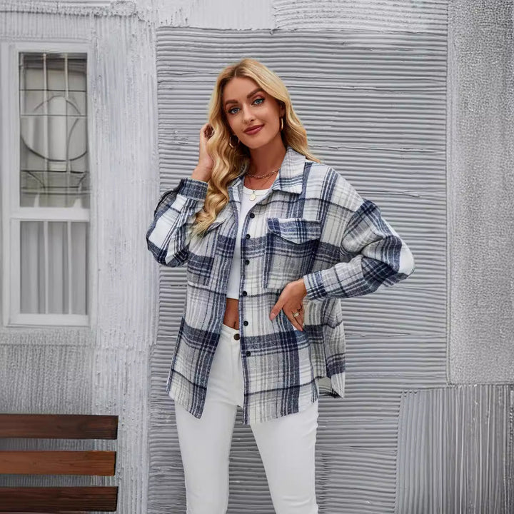 Dame Casual Flannel Skjorte Jakke med Ternet Design og Praktiske Brystlommer Skovae