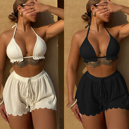 Dame triangel-bikini med legesyge flæse detaljer og elastisk talje Skovae