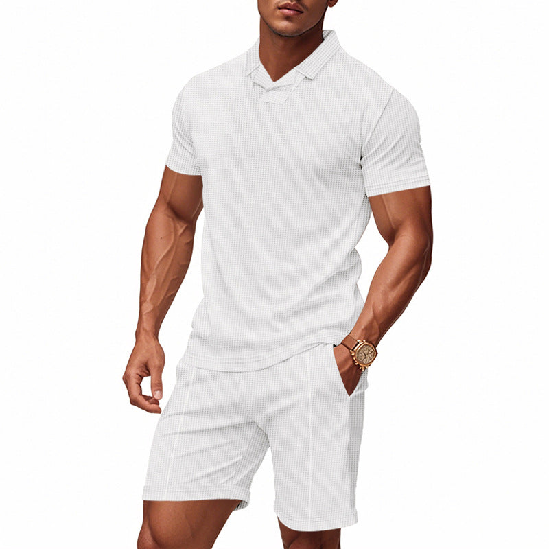 Herre nan afslappet vaffelstruktur fritids sæt med reverskrave kortærmet shirt og elastiske fritids shorts Skovae