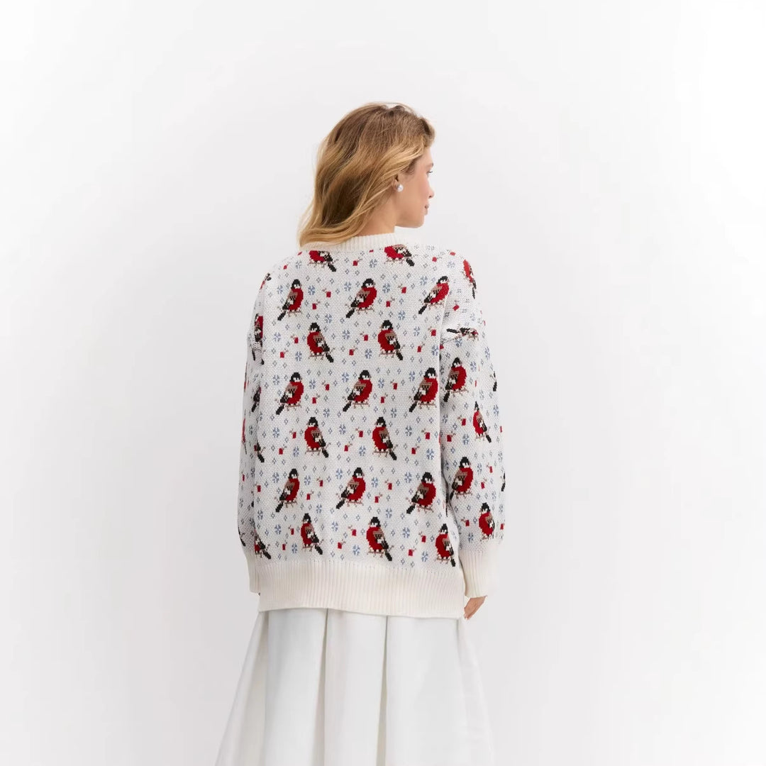 Kvinders hyggelige sweater med festlige små fuglemønster Stilla