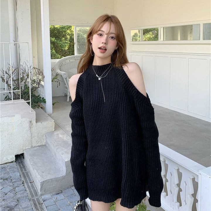 Kvinders strikket kjole med off-the-shoulder look og ribbet struktur Stilla