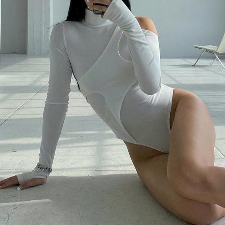 Dame Langærmet Bodysuit med innovativt asymmetrisk design og høj krave Stilla