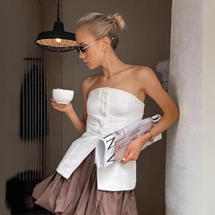 Dame Taljeret Overdel med Knapdetaljer og skulderfri Design Stilla
