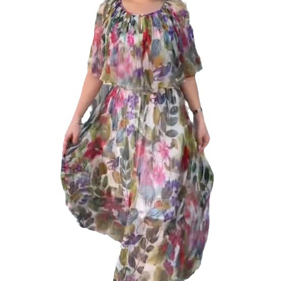 Dame nan luftig chiffon-maxikjole med blomsterprint, draperet rund halsudskæring og elastisk taljebånd Skovae