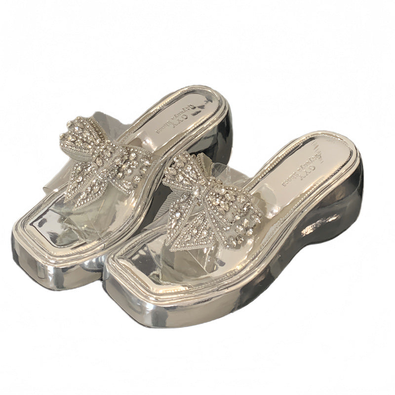 Dame Plateau-Mules med rhinsten-belagte sløjfer og elegant transparent design Stilla