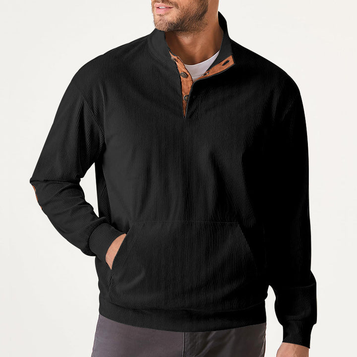 Herre non ribbet krave sweatshirt med knapliste, kænguru lomme og velour albueforstærkning Skovae