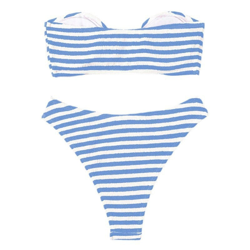 Dame bandeau bikini med moderne stribemønster og tidsaktuel bælte Skovae