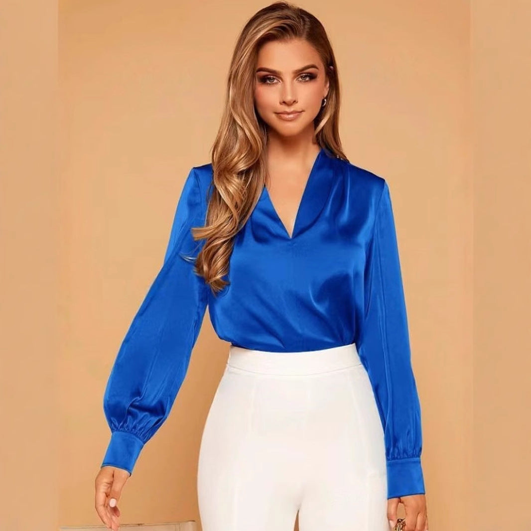 Dame Satin Bluse med V-udskæring og elegante pufærmer Stilla