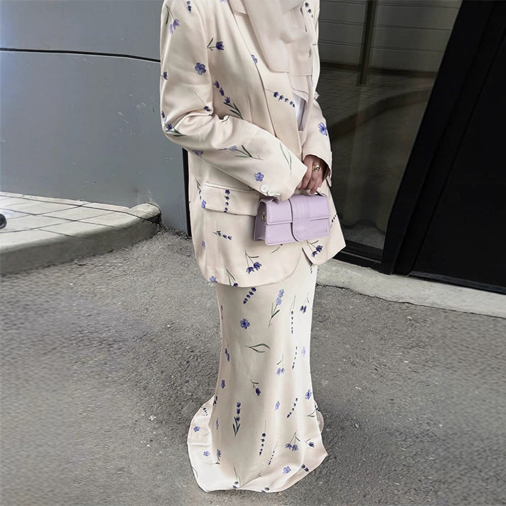Damer elegant blazer-sæt med blomsterdesign og flydende nederdel Stilla