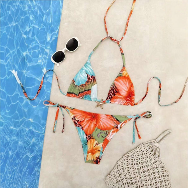 Dame triangel-bikini med blomsterdesign og justerbare bånd Skovae