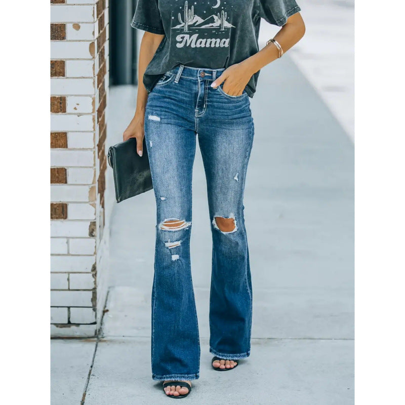 Dame Flared Jeans i vintage-stil med afslappet destroyed-effekt Skovae