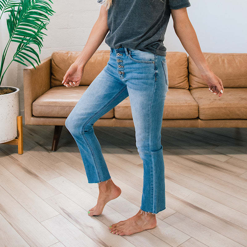 Kvinder Højtaljede Jeans med knapindsats og frynset kant Stilla